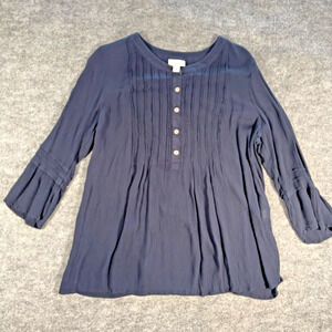 J. Jill Crinkle Rayon Blouse Navy Blue Button Front 3/4 Sleeve Women's M